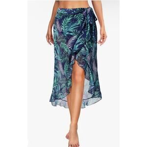Pinup Fashion NWT Womens Sarong Floral Blue Medium Swimwear Sheer Cover Up Long